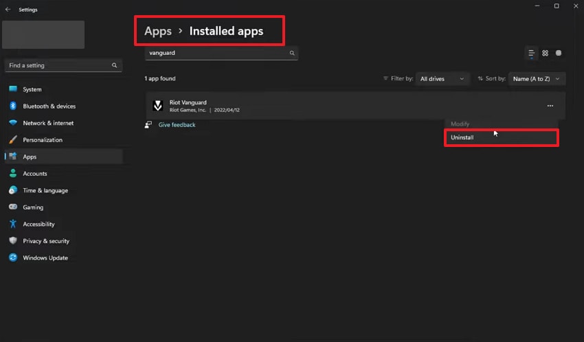access vanguard to uninstall