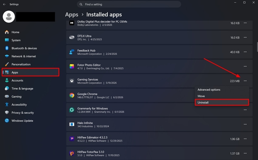 uninstall gaming services in apps settings
