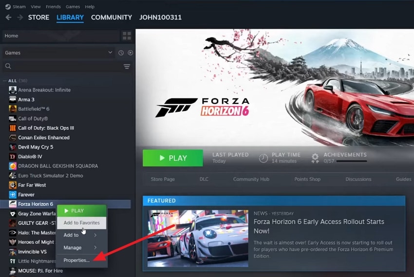 select the properties option