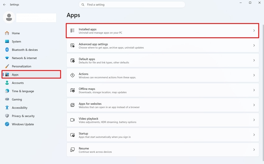 access settings and apps