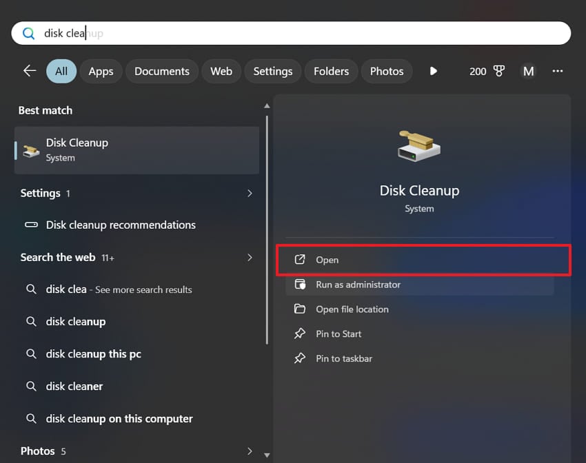 open disk cleanup