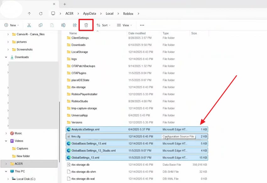 delete roblox configuration files