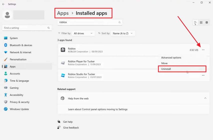 choose roblox app to uninstall
