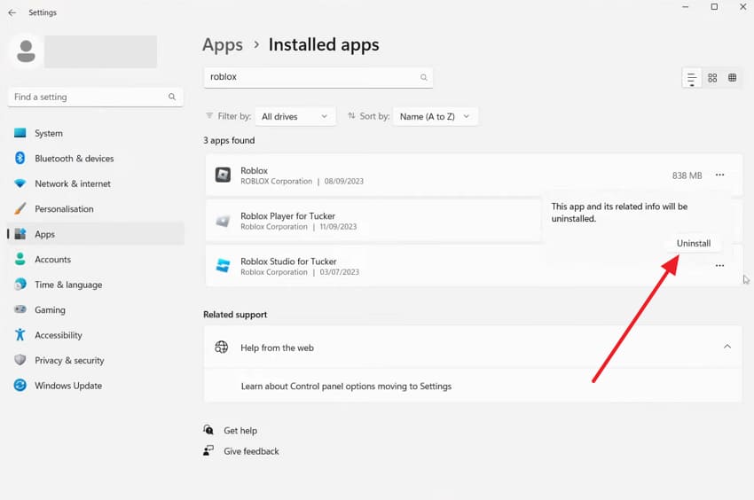 uninstall roblox app from pc