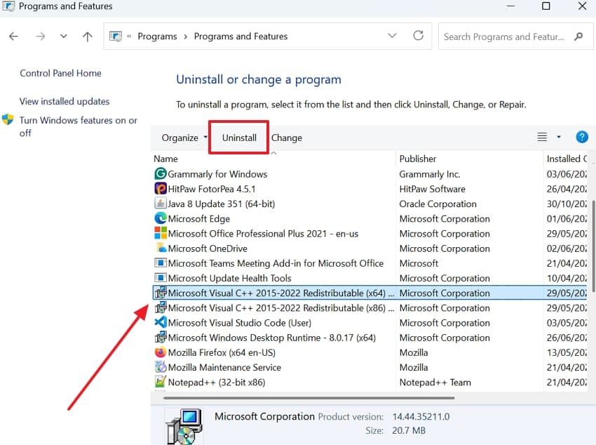 uninstall microsoft visual c++