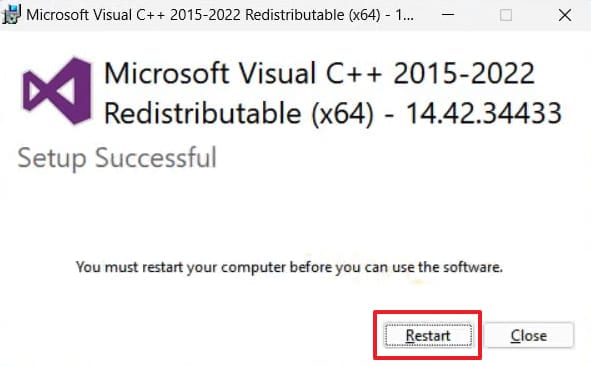 restart pc to install visual c++