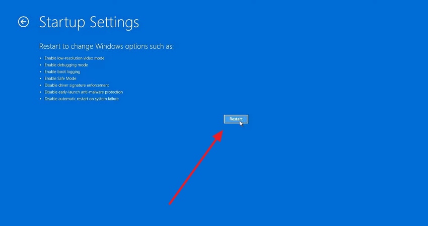 choose restart in startup settings