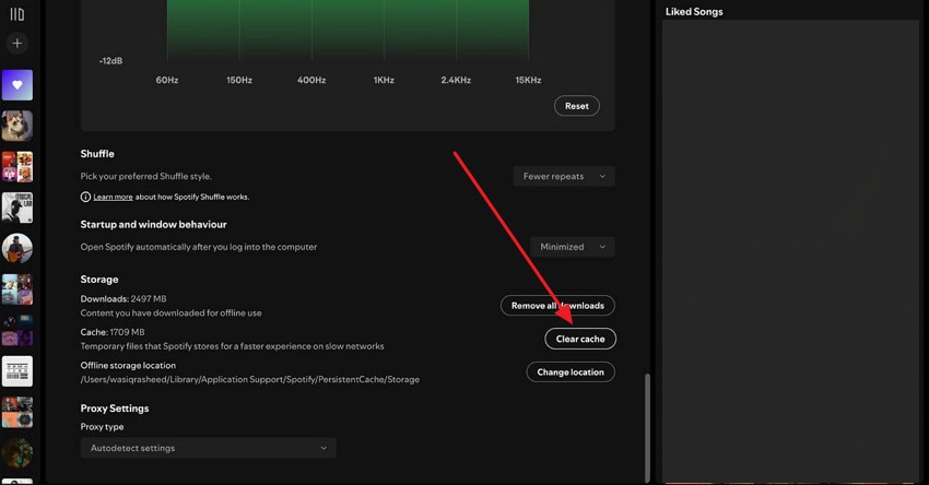 Spotify 앱에서 캐시를 삭제하는 화면