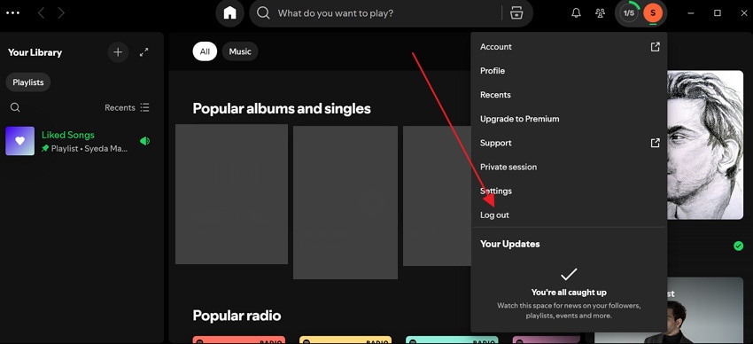 Spotify 계정에서 로그아웃하는 화면
