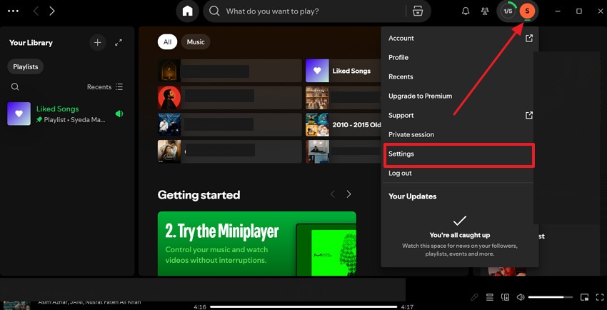 Spotify 설정 메뉴를 여는 화면
