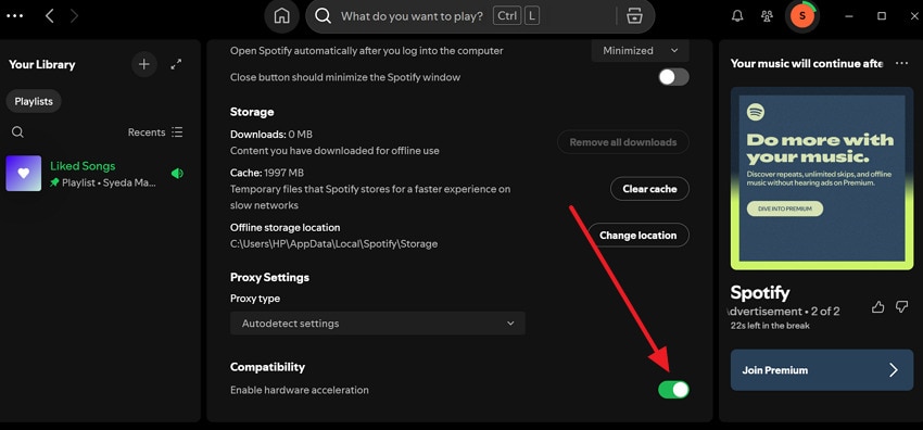 Spotify에서 하드웨어 가속을 끄는 화면