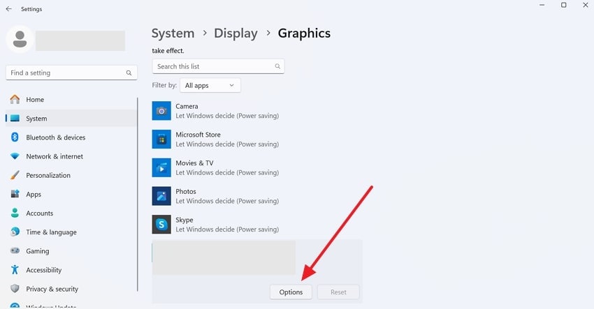 click options button