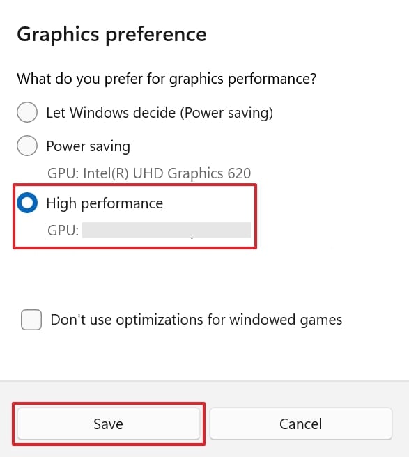 save high performance settings