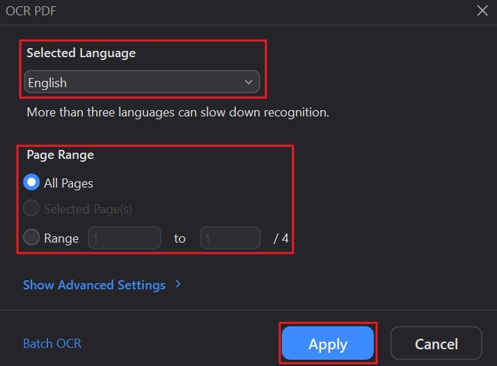 apply ocr pdf settings