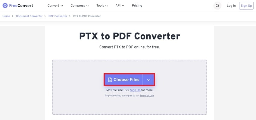 access freeconvert and choose file