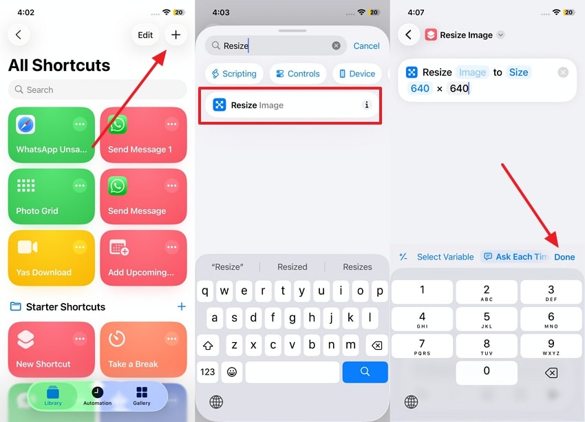 resize image in shortcuts