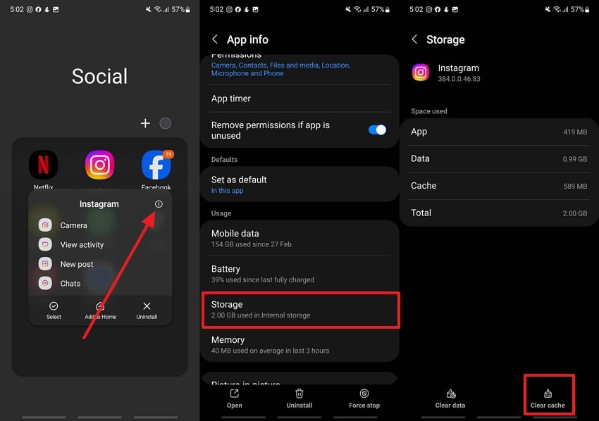 clear cache of instagram app