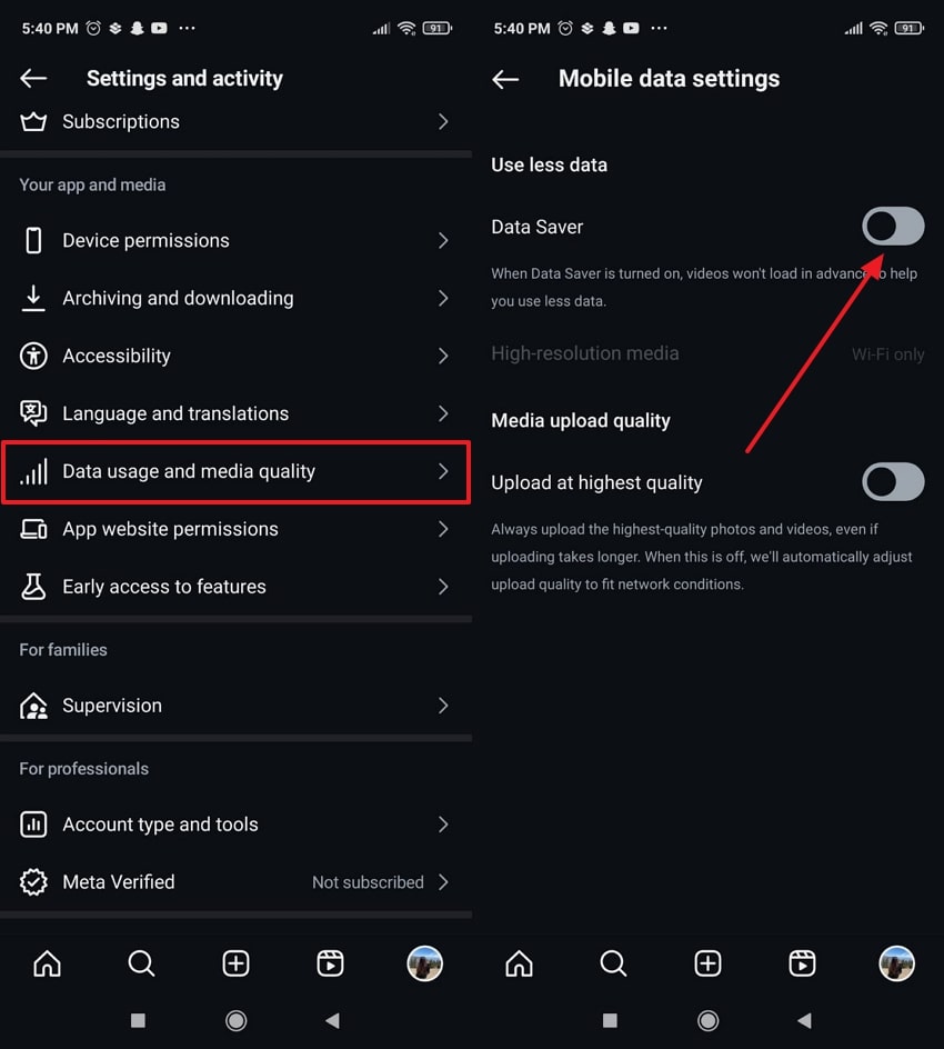 toggle data saver of instagram