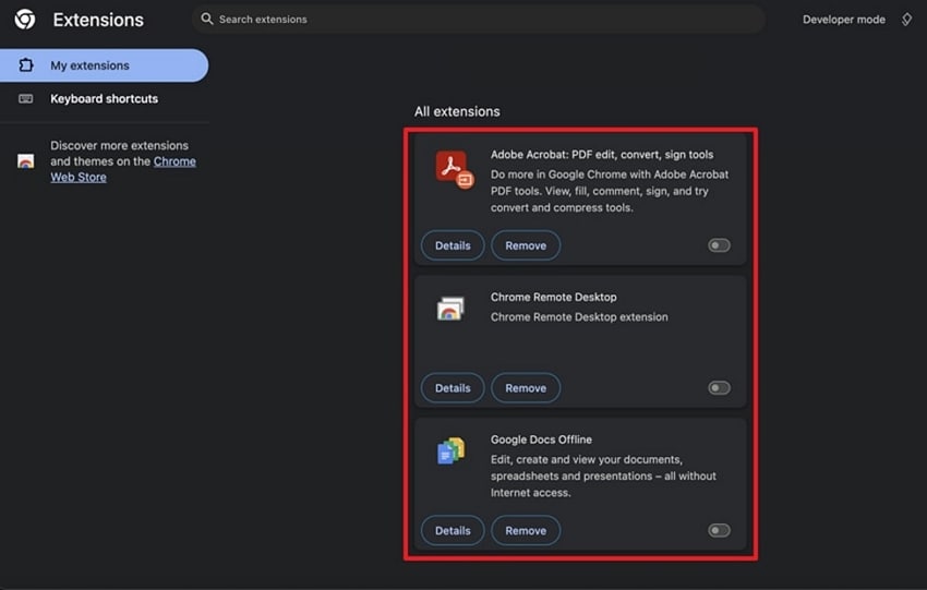 toggle unnecessary extensions