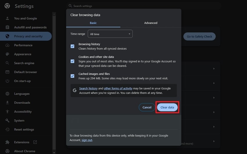 click clear data button