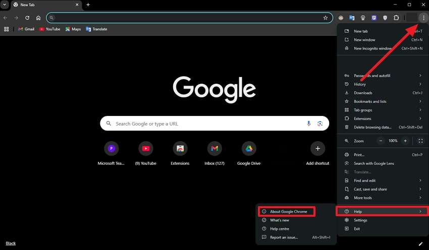 locate chrome help and about