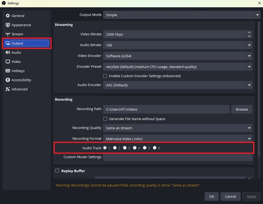 confirm audio track selection