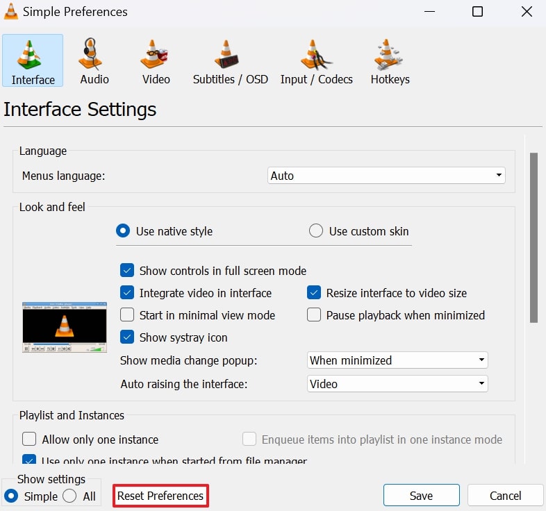 press reset preferences and save