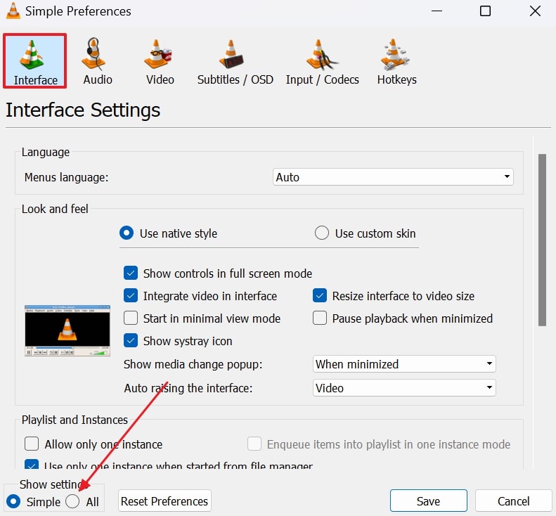 select all show settings interface