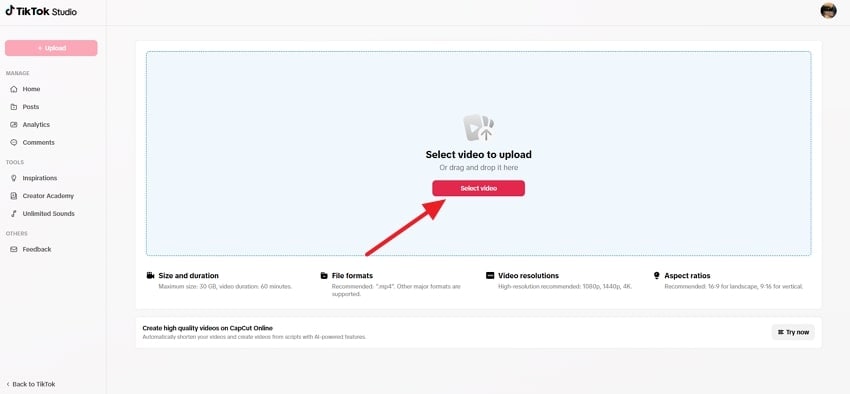 click select video button