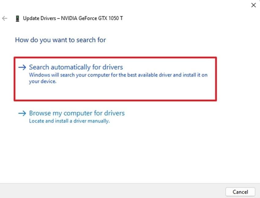 search automatically for drivers option