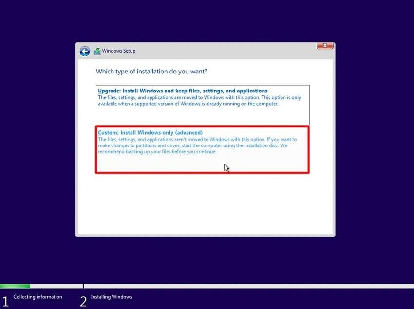 click custom install windows only