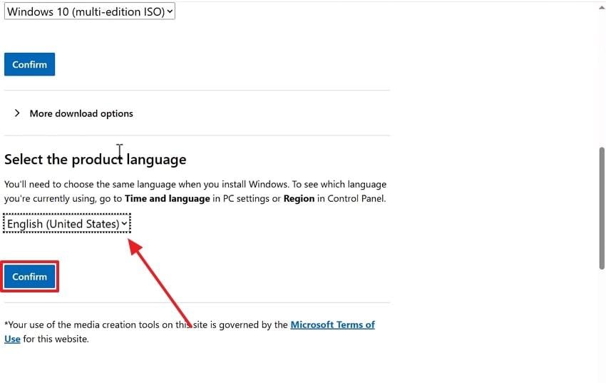 confirm chosen language