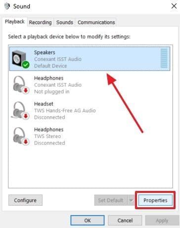 click speaker and properties button