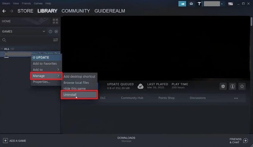 uninstall game from manage settings