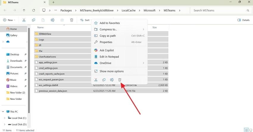 delete all selected cache