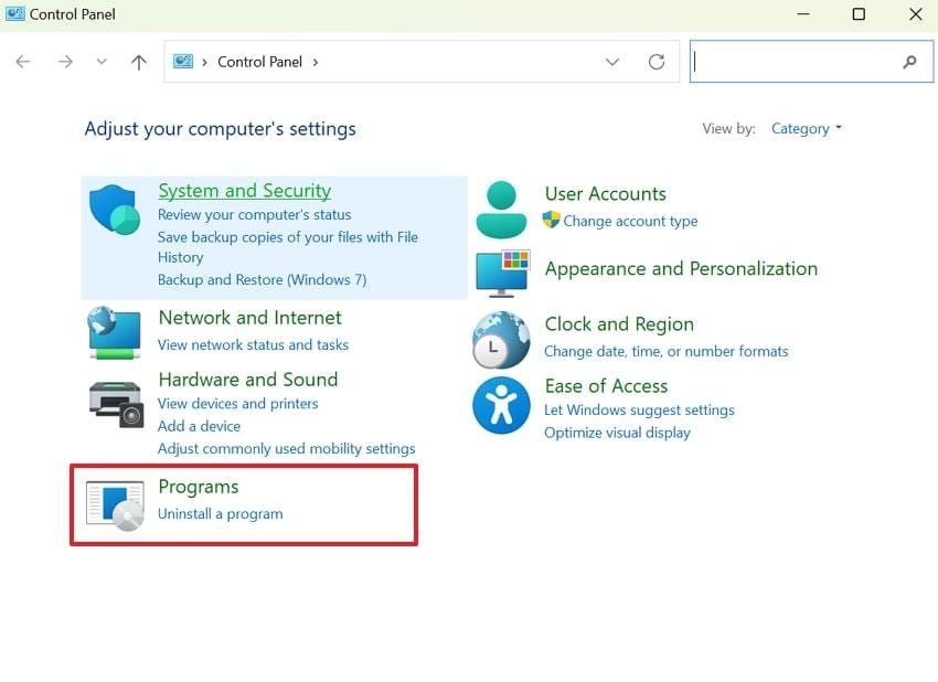 access programs from control panel