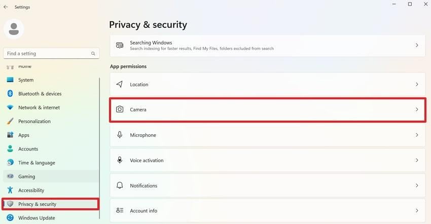 open camera security & privacy settings