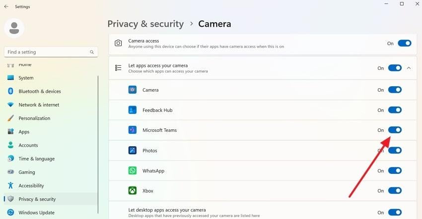 enable camera for teams