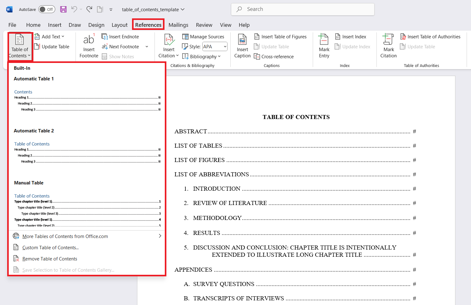 table of contents references