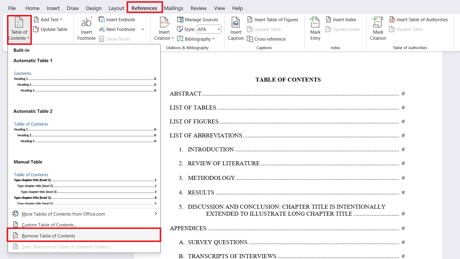 remove table of contents