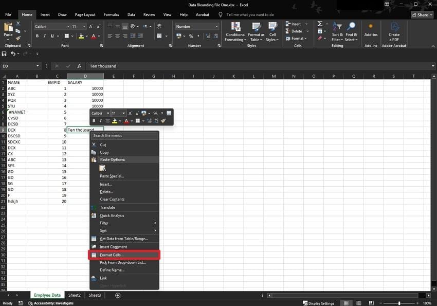 format cells option