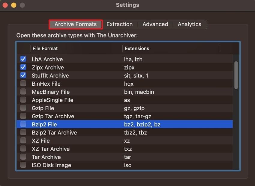 choose bzip2 file in mac
