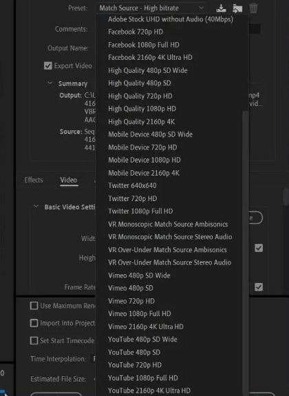 premiere pro mp4 select platform