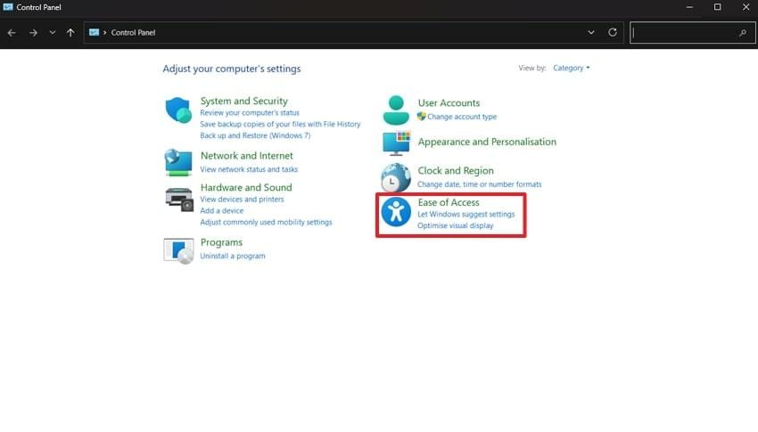 locate ease of access settings