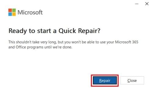confirm process with repair button