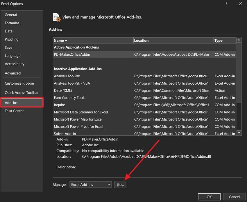 go to add ins settings