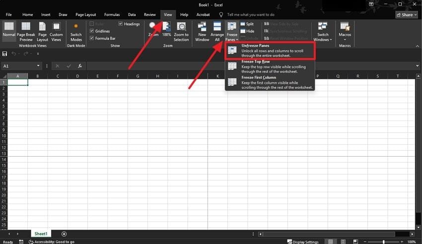 unfreeze pane using view tab