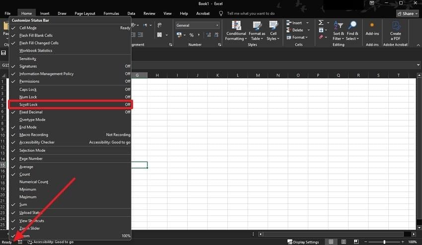 deactivate scroll lock excel