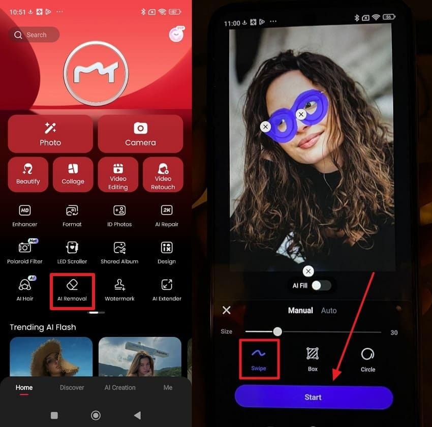 swipe area and tap start