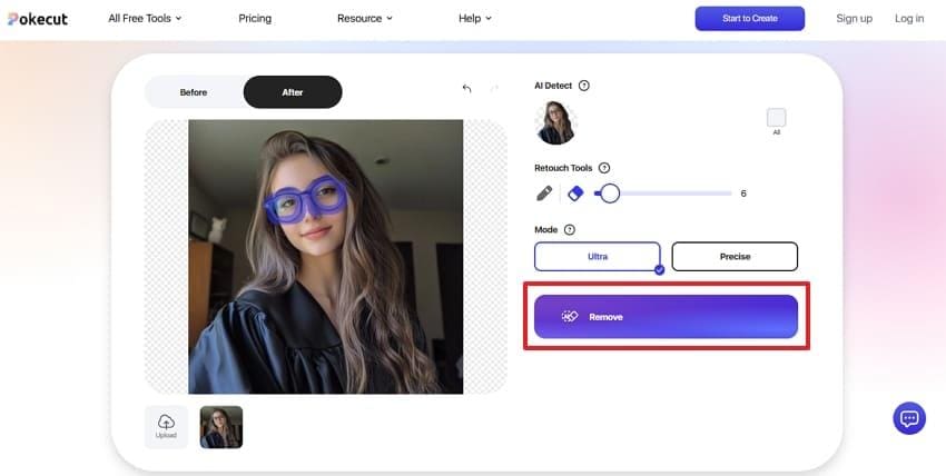 remove glasses using pokecut online